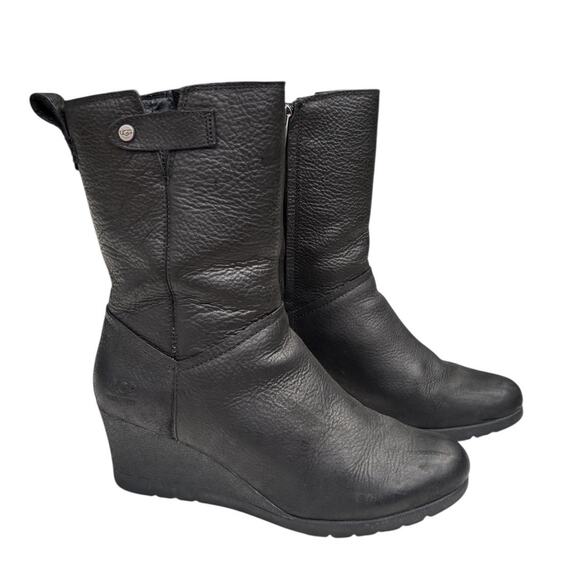 Uggs Potrero Waterproof Leather Boot Women's Size 8 EU 39 Black Wedge - Picture 1 of 11